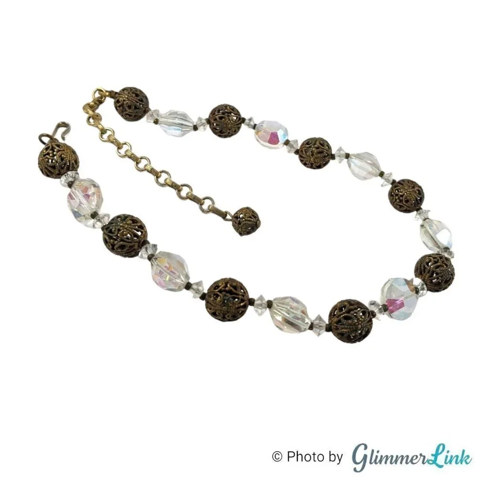 Vintage 1960s Lisner Aurora Borealis Filigree Beads Choker Necklace